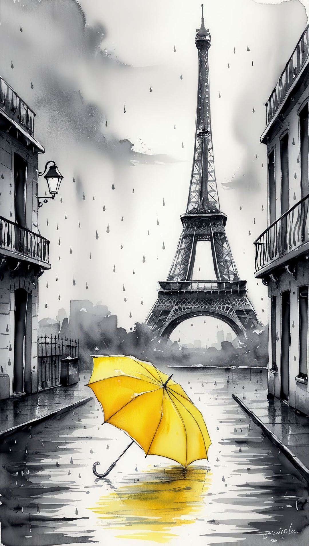 Monochrome Paris Eiffel Tower canvas art with yellow umbrella on rainy street