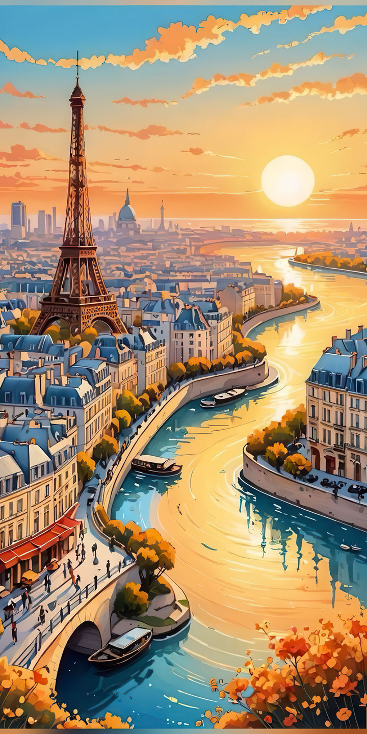 Paris Sunset Eiffel Tower canvas art with Seine River in warm golden and blue tones