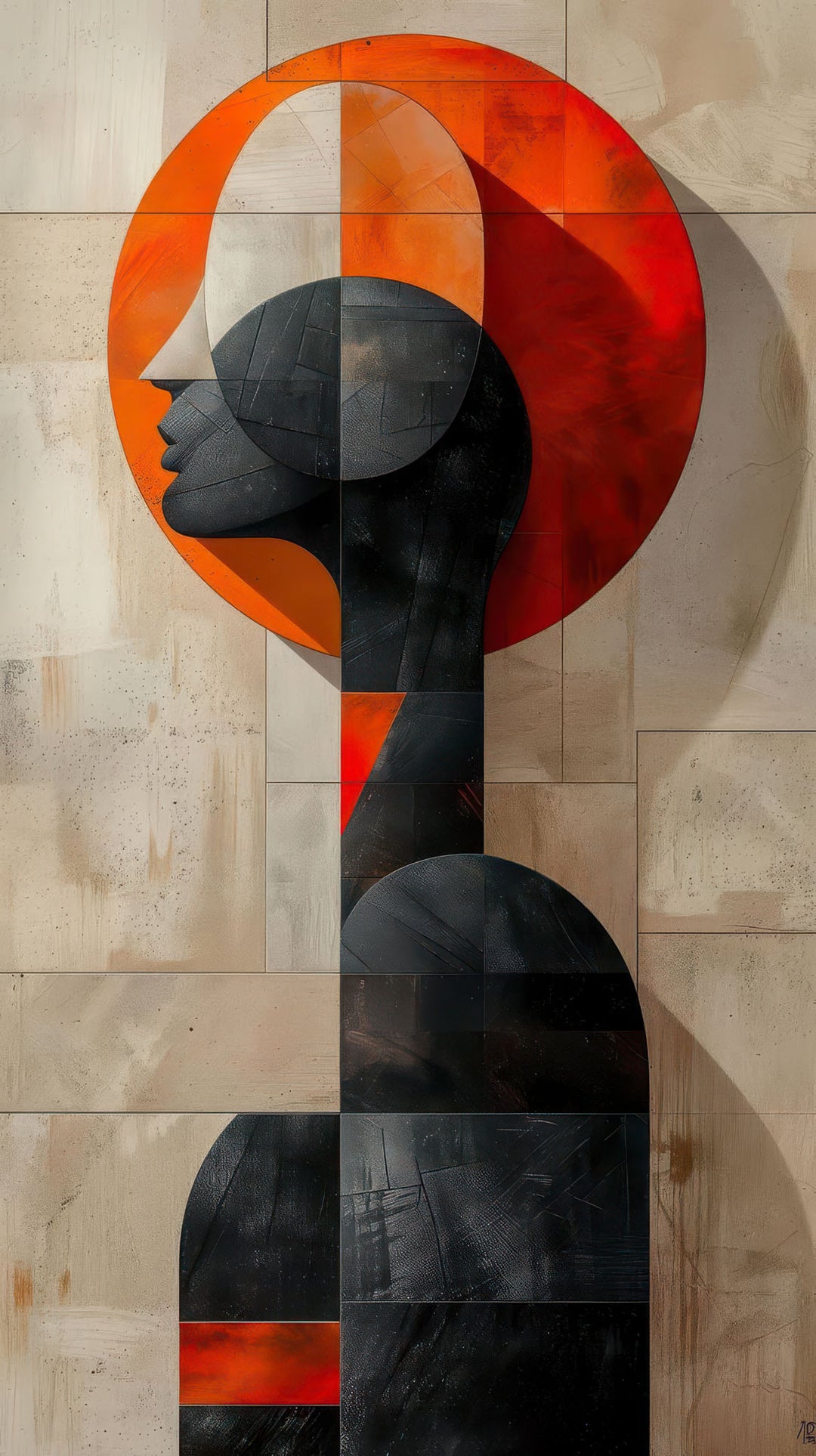 Abstract female silhouette canvas art with geometric forms and warm orange accents on premium canvas