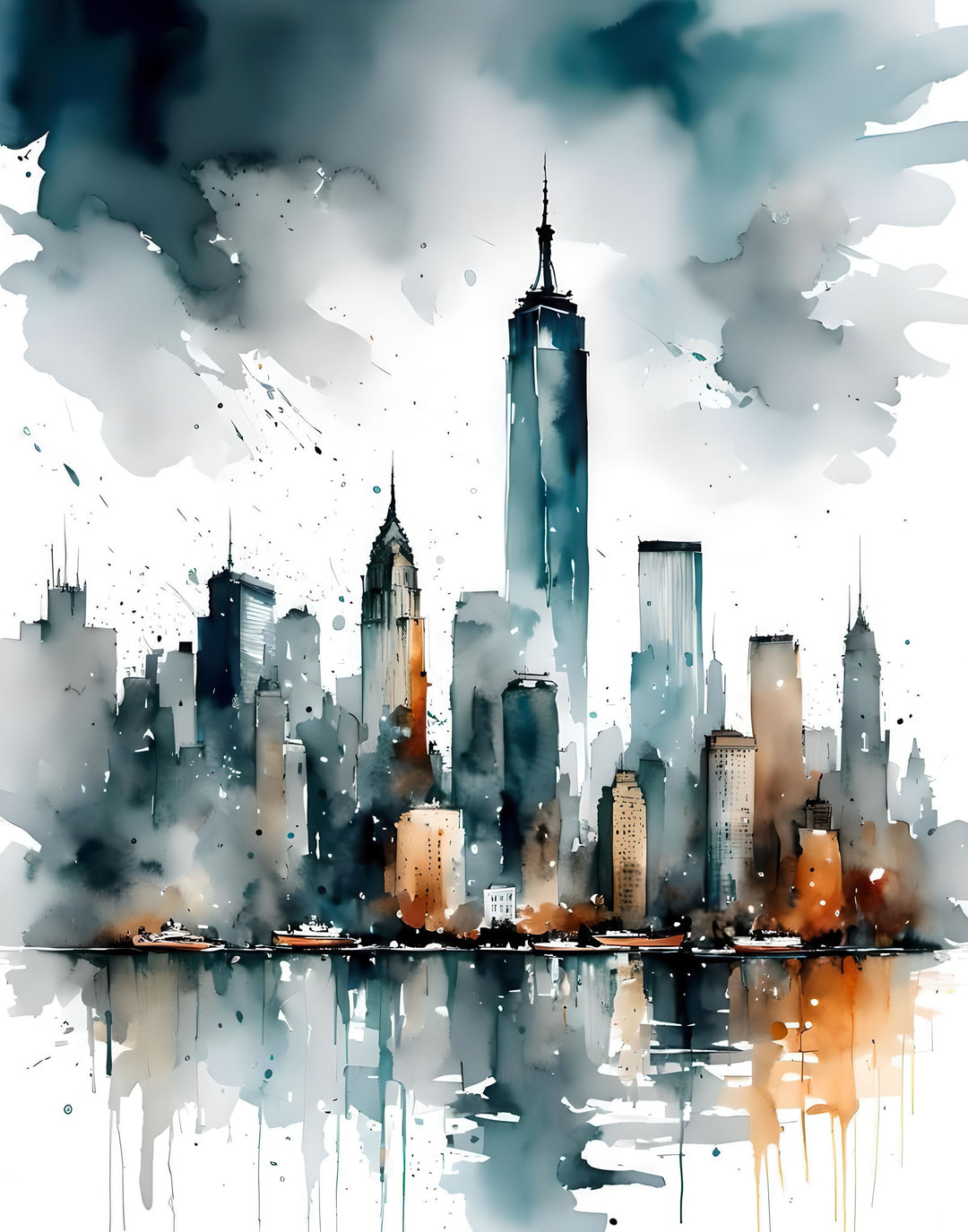 Abstract city skyline canvas art with watercolor textures and muted greys on premium canvas