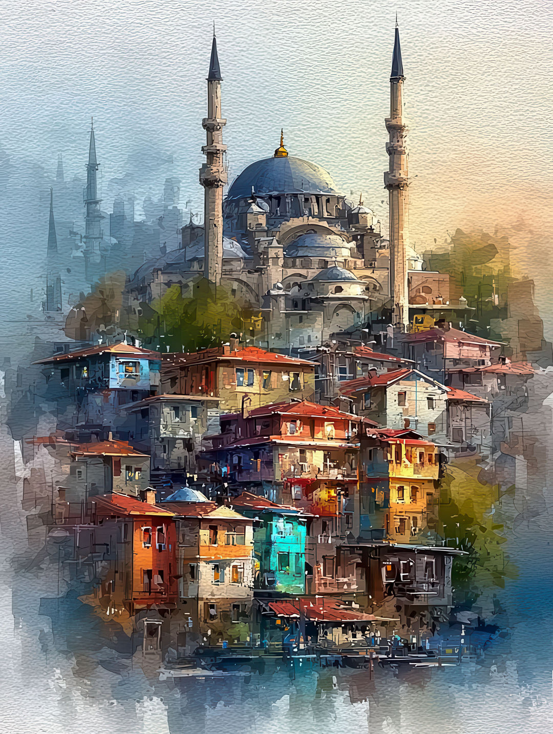 Istanbul Mosque cityscape watercolor canvas art with colorful hillside houses