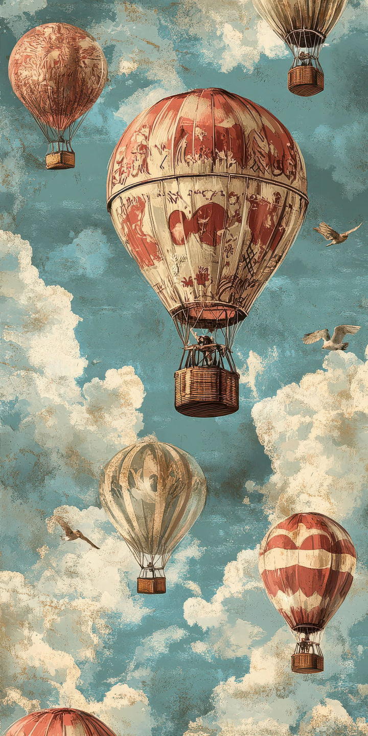 Vintage hot air balloon canvas art with muted tones and soft blue sky background