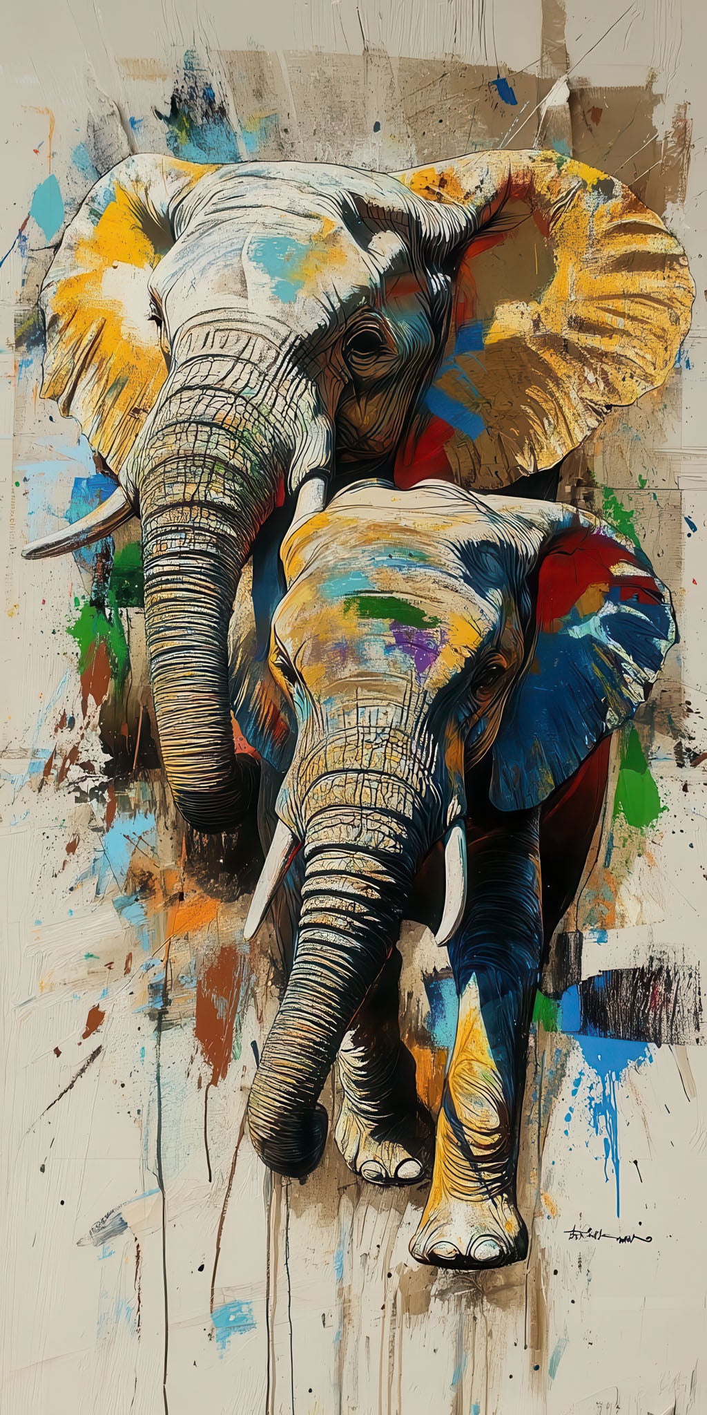 Colorful elephant abstract canvas art with vibrant brush strokes on premium canvas in MDF frame