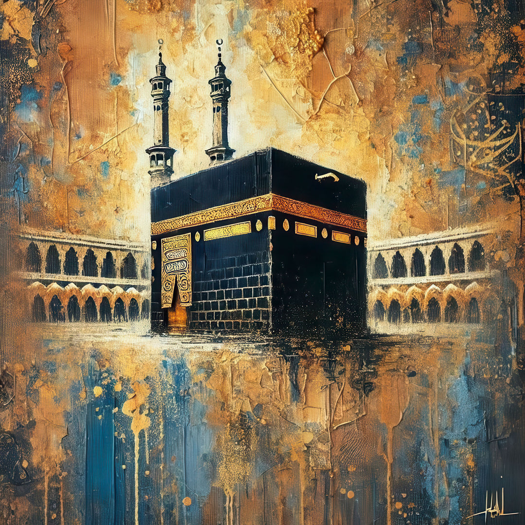 Kaaba Sacred Art canvas wall art with rich gold and blue textures on premium canvas