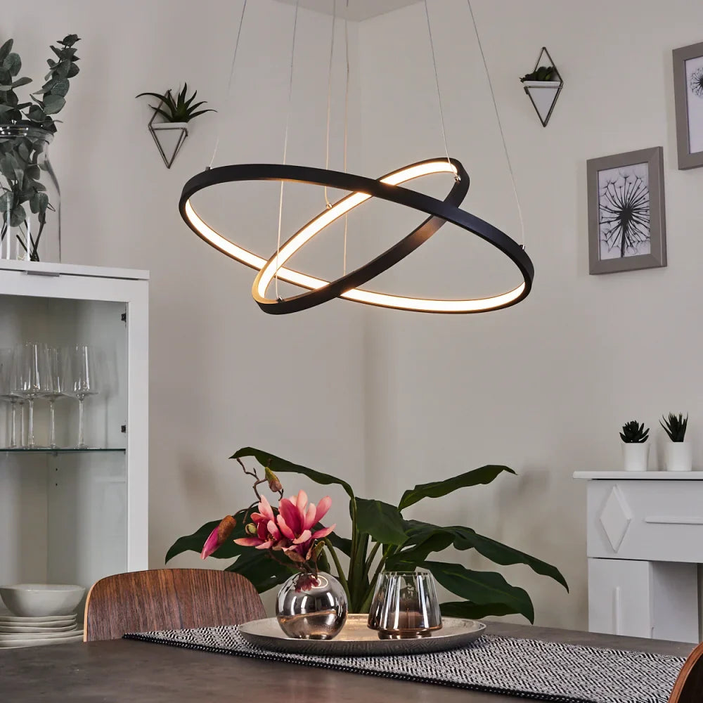 Modern Black LED Ring Chandelier with Dimmable Feature