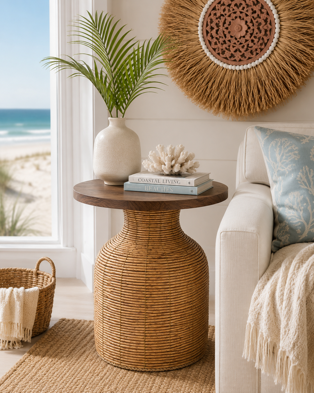 Rattan Pedestal Accent Table