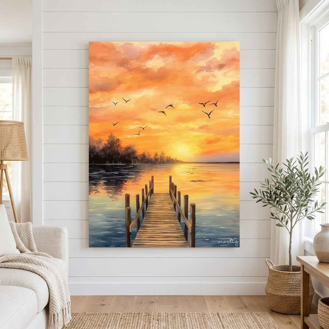 Golden Horizon Pier sunset canvas with wooden pier and tranquil waters in golden amber tones