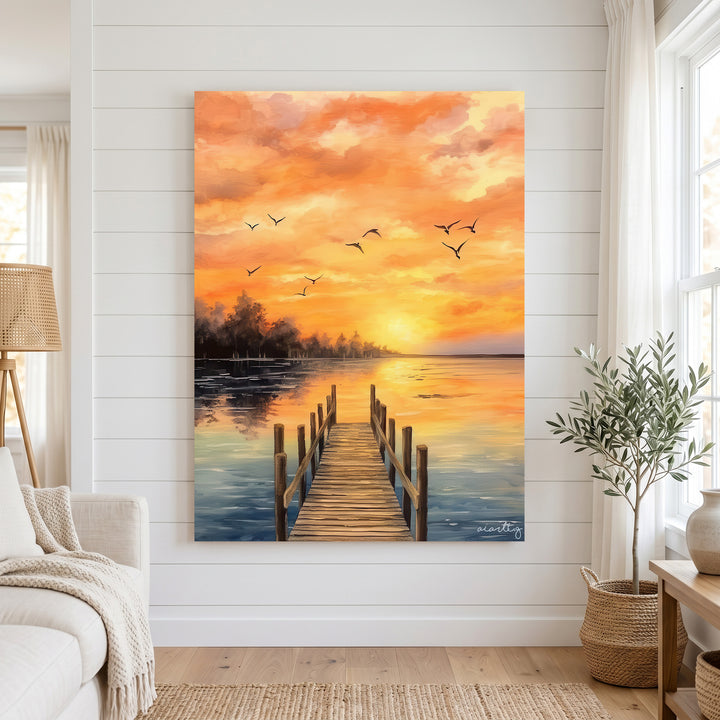 Golden Horizon Pier sunset canvas with wooden pier and tranquil waters in golden amber tones