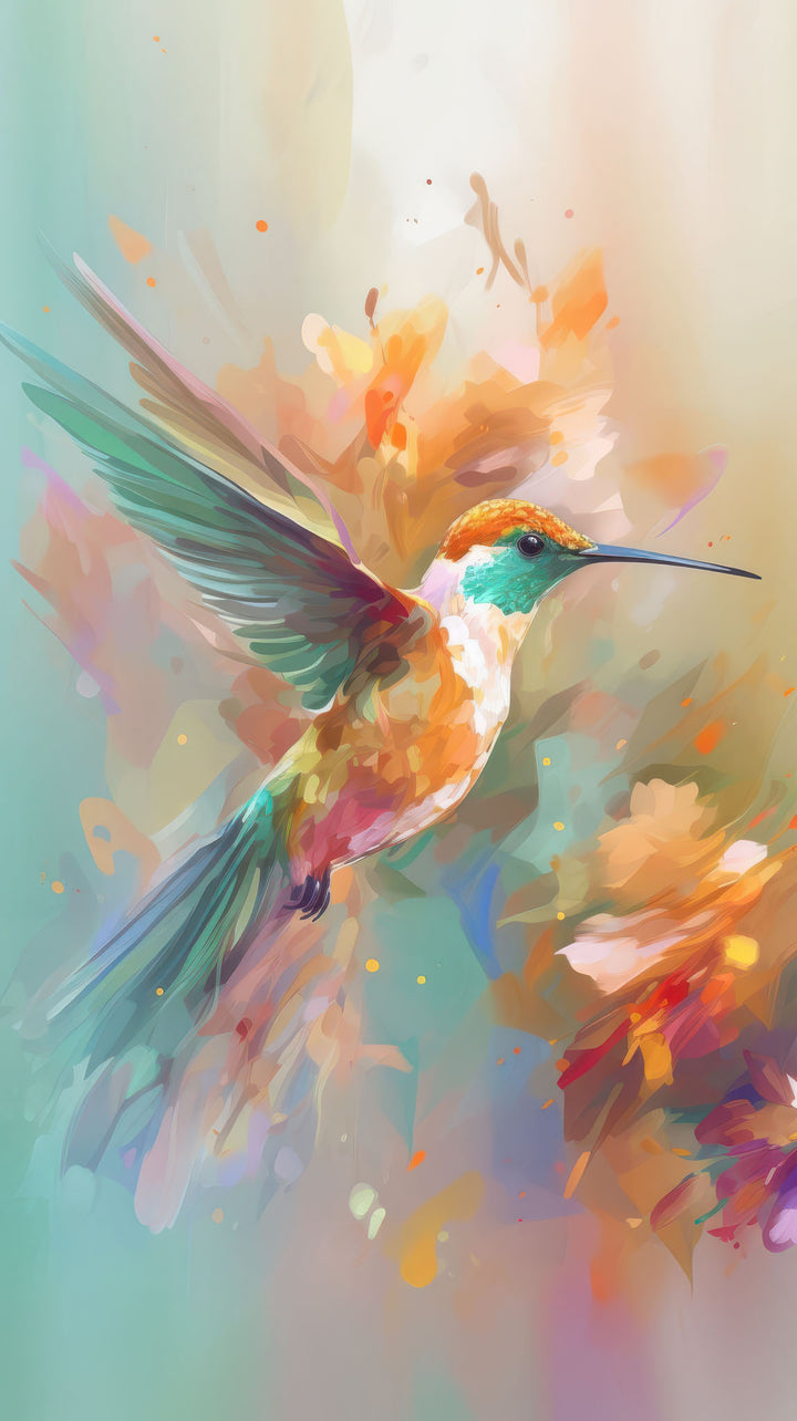 Vivid hummingbird canvas with colorful bird in motion on pastel background in MDF frame