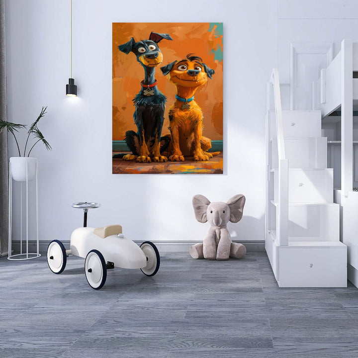 Playful Dog Duo canvas artwork with two expressive dogs in warm tones on premium MDF frame