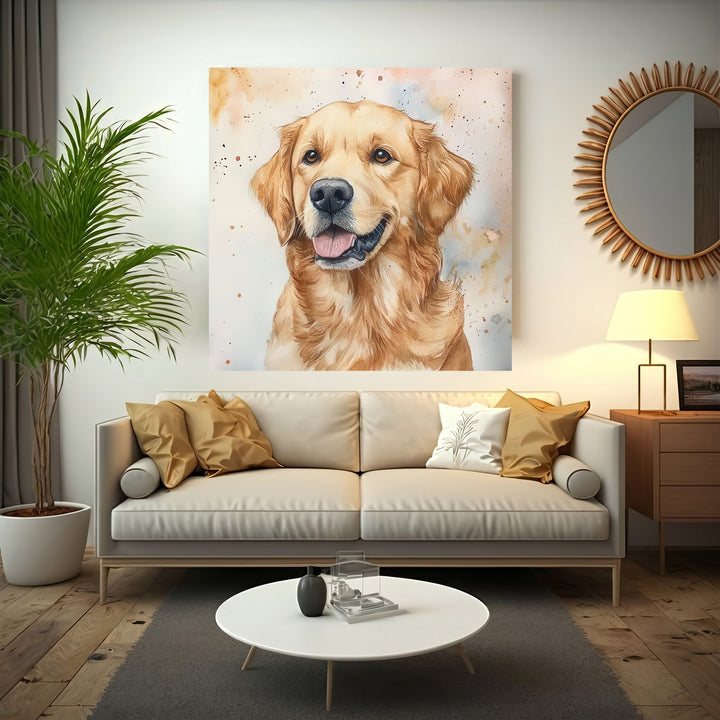 Golden Retriever portrait on soft watercolor canvas with MDF frame and glass front panel
