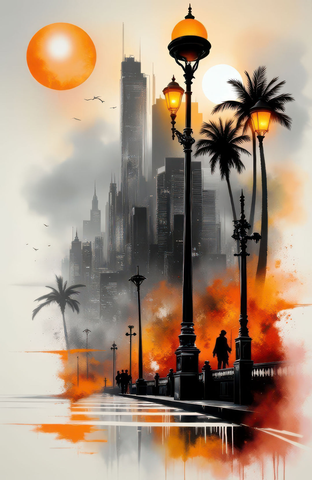 Urban Sunset Boulevard canvas artwork with city street lamps at sunset in warm orange tones
