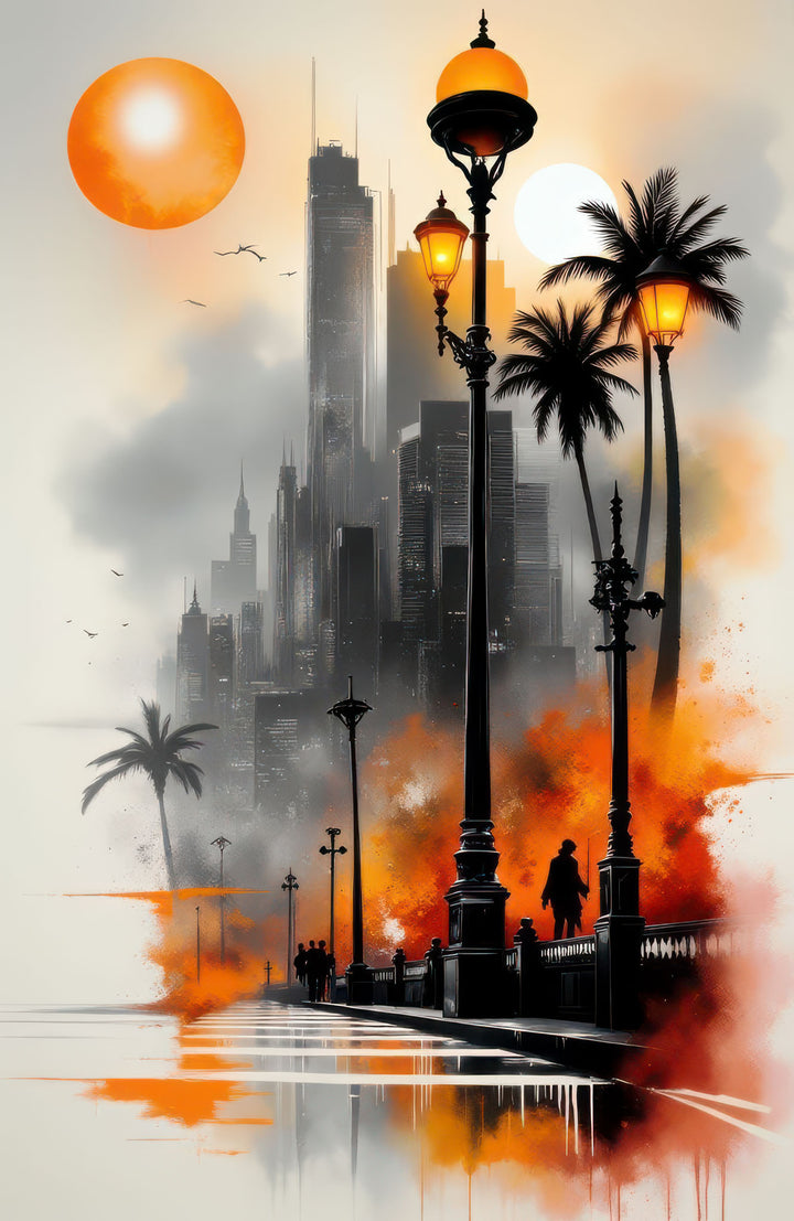Urban Sunset Boulevard canvas artwork with city street lamps at sunset in warm orange tones
