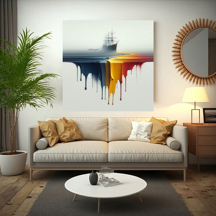 Abstract Horizon Ship Canvas artwork with a distant ship and flowing melted color horizon on premium canvas
