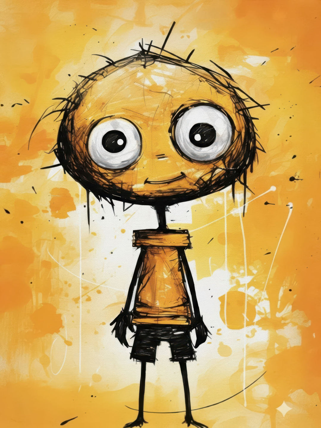 Abstract wide-eyed character canvas with yellow brush strokes in MDF frame