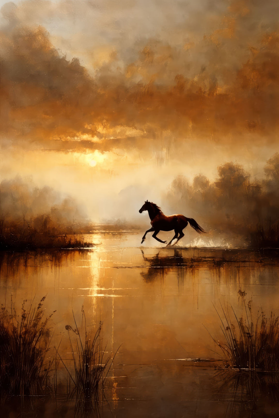 Golden Run Horse Canvas artwork of horse running on water at sunset in warm golden tones
