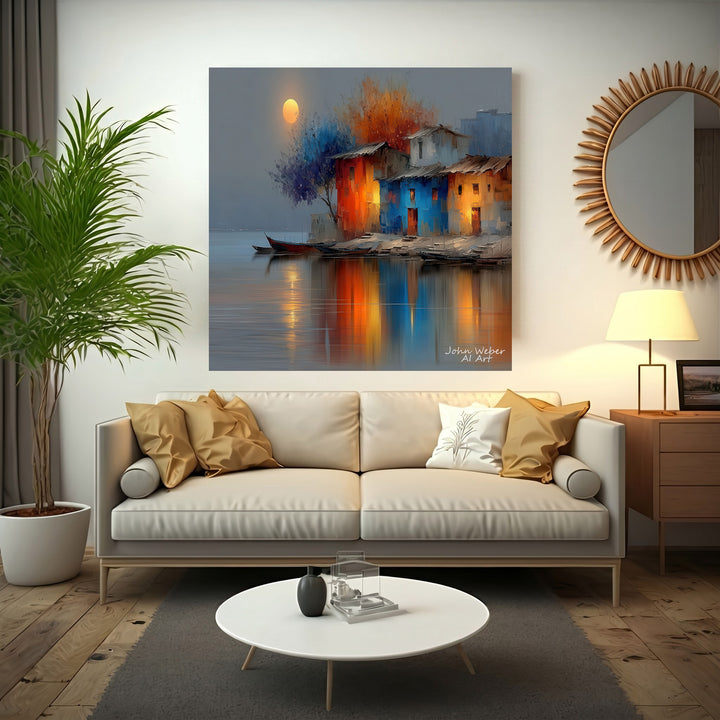 Colorful riverside houses canvas artwork with warm tones and moonlit water reflections