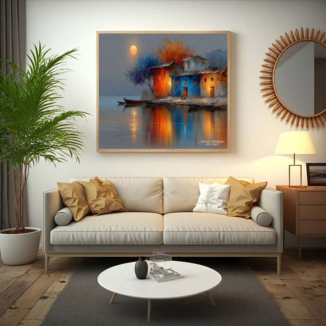 Colorful Riverside Houses Canvas - Vibrant Artwork for Modern...
