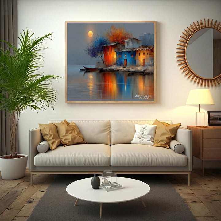 Colorful Riverside Houses Canvas - Vibrant Artwork for Modern...