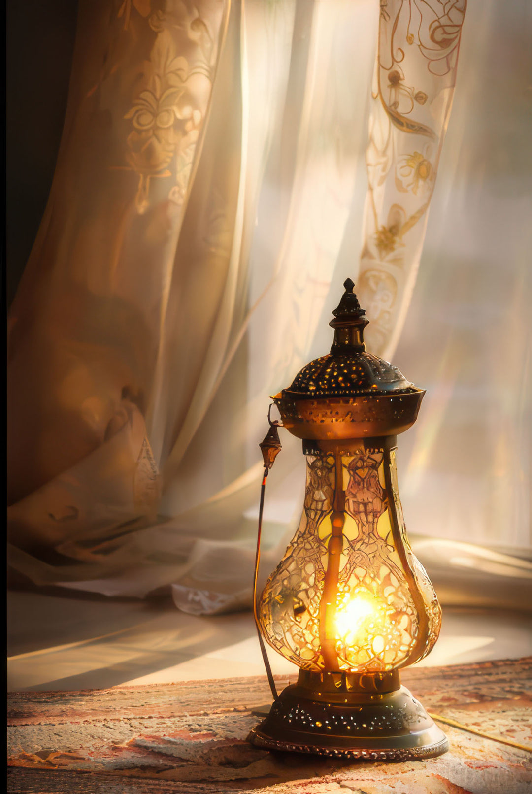 Warm lantern glow on canvas with sheer curtains creating cozy ambiance