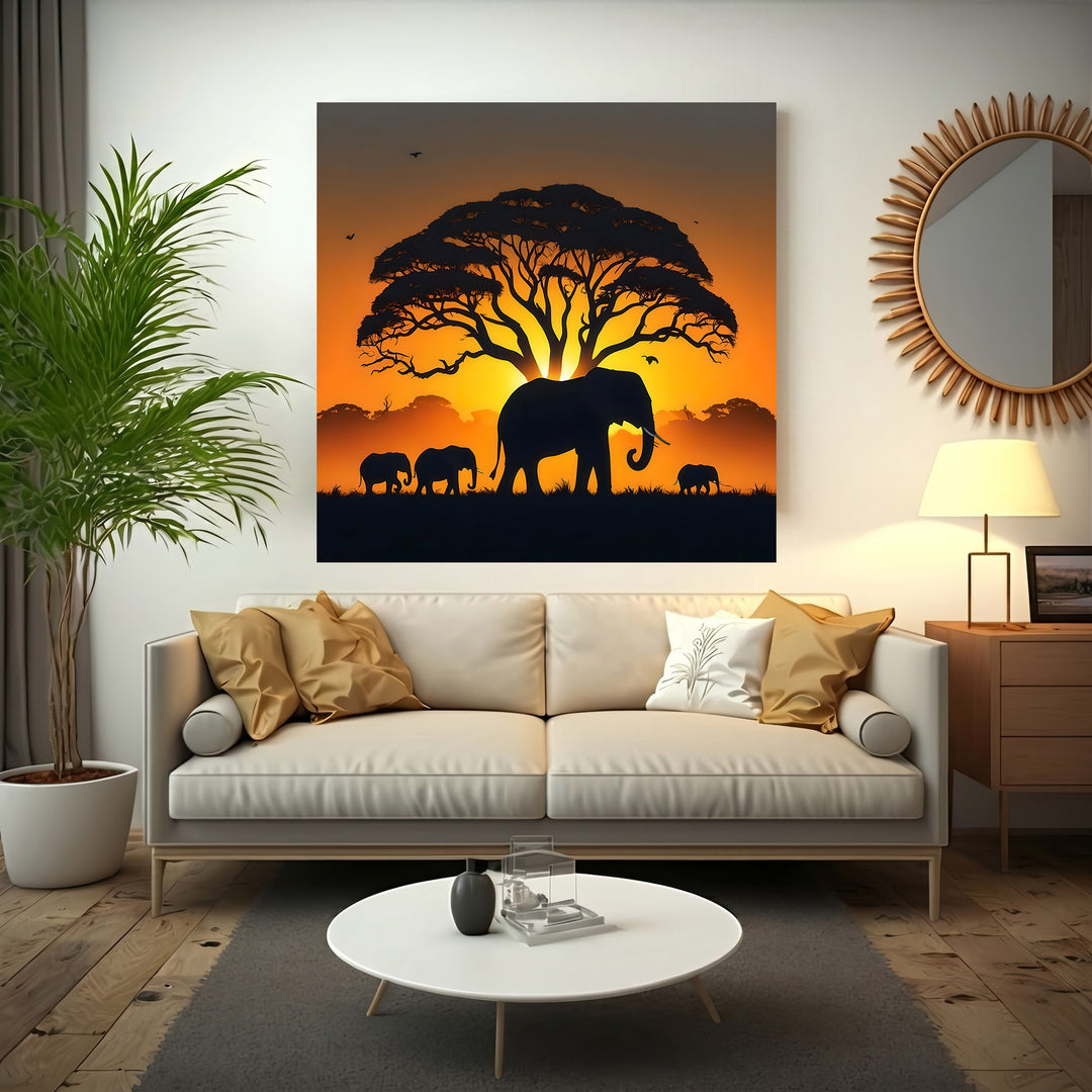 African Sunset Elephants Canvas showing elephant family silhouette against glowing sunset and acacia tree