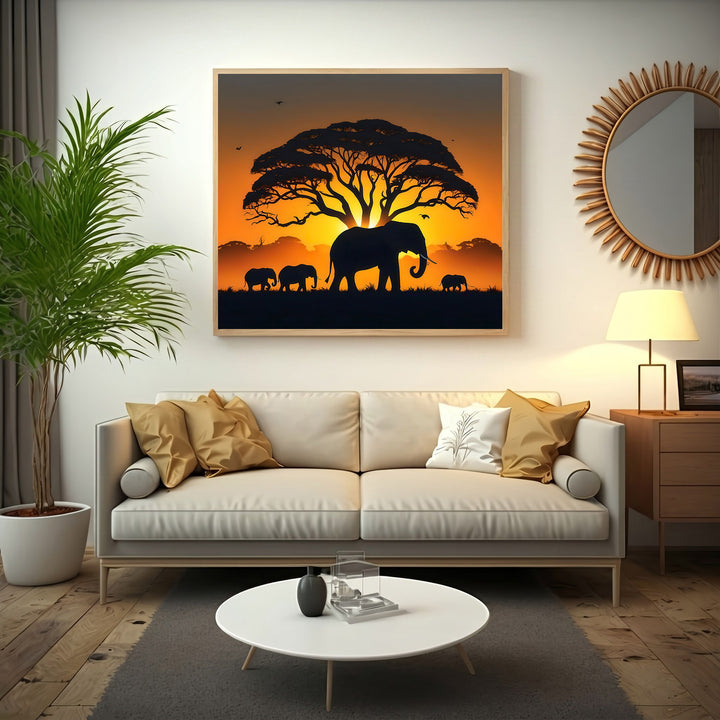 African Sunset Elephants Canvas - Elegant Modern Wall Art...