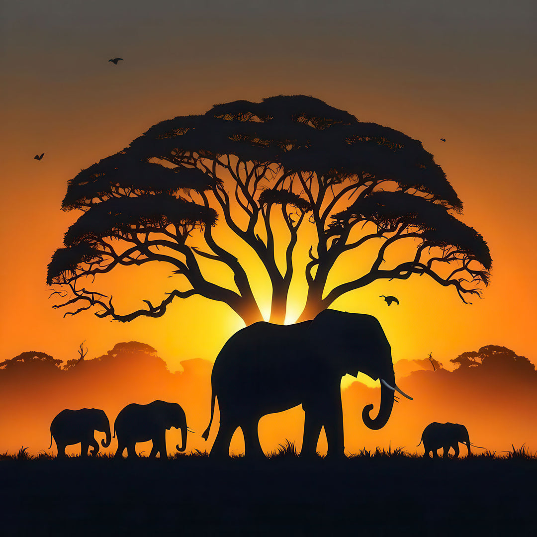 African Sunset Elephants Canvas showing elephant family silhouette against glowing sunset and acacia tree