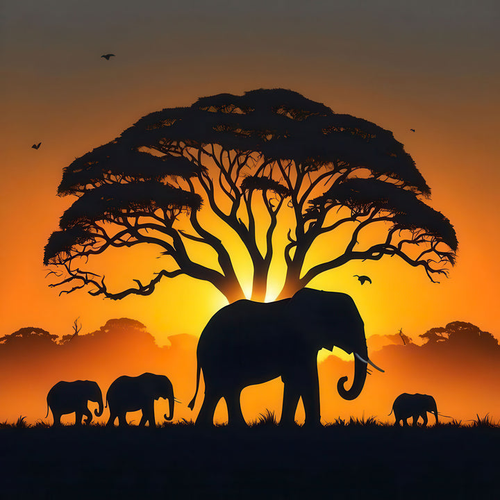 African Sunset Elephants Canvas showing elephant family silhouette against glowing sunset and acacia tree