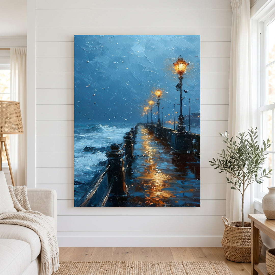 Rainy Pier Lights canvas artwork with glowing street lamps on rain-soaked pier in deep blue tones