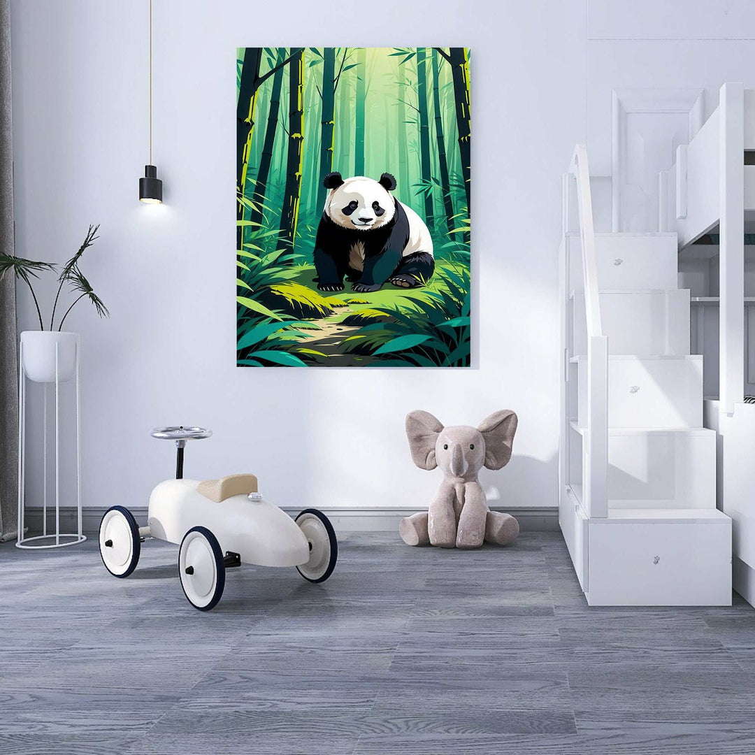 Panda Bamboo Forest canvas artwork with lush greenery and soft lighting in MDF frame
