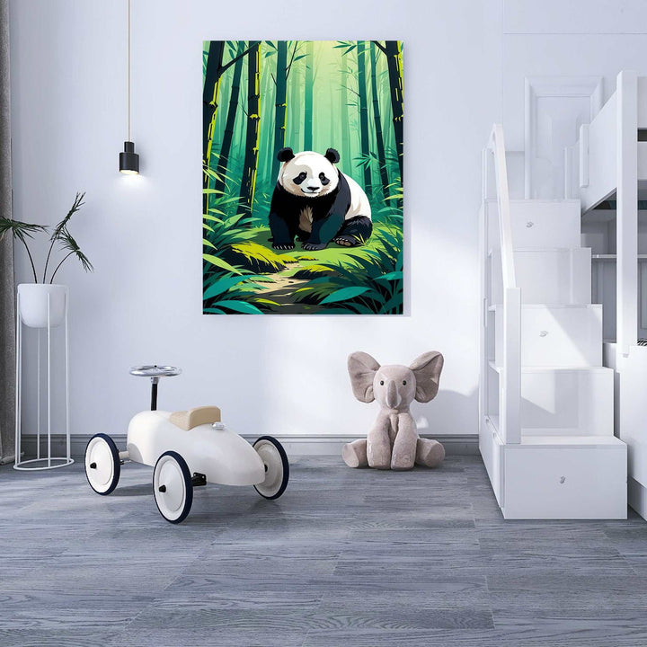 Panda Bamboo Forest canvas artwork with lush greenery and soft lighting in MDF frame