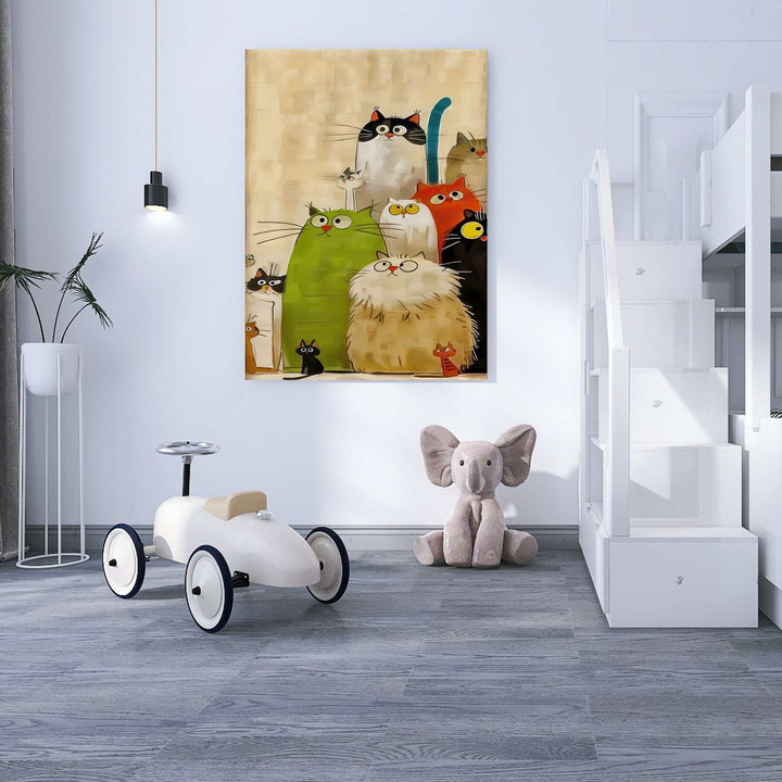 Colorful cartoon playful cats canvas artwork with expressive faces in MDF frame