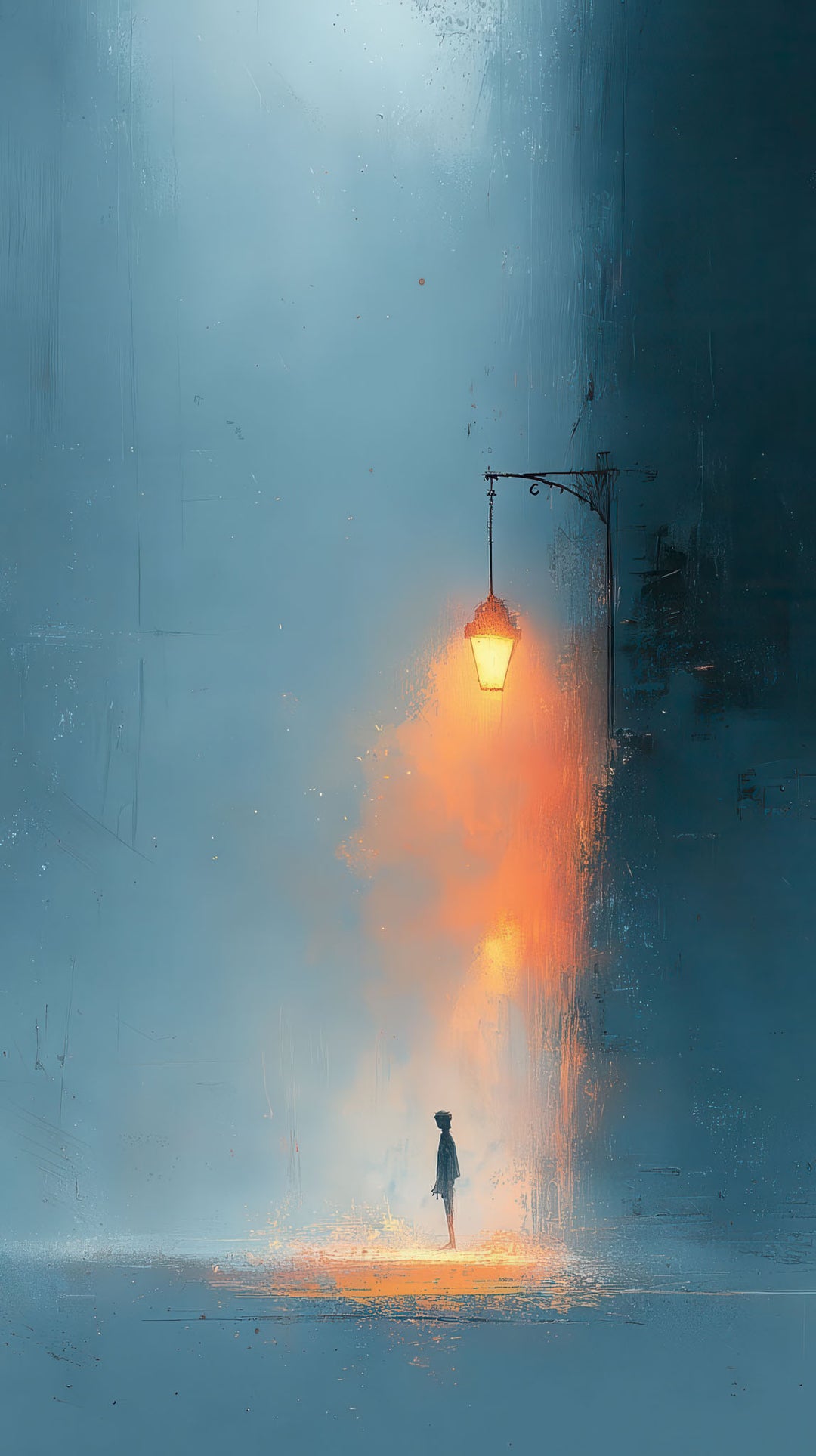 Solitary Light Canvas artwork of a lone figure under glowing street lamp in misty blue night with warm light and soft textures