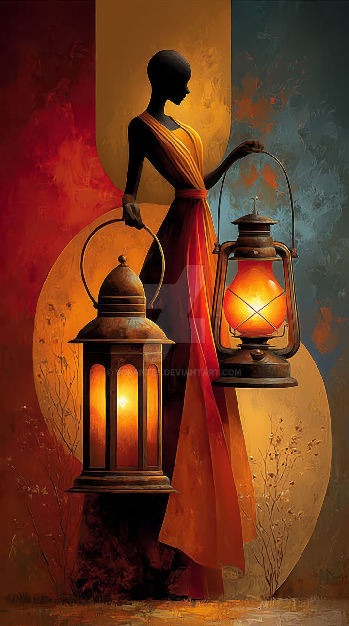 Elegant female silhouette holding glowing lanterns on warm-toned canvas with MDF frame and glass front.