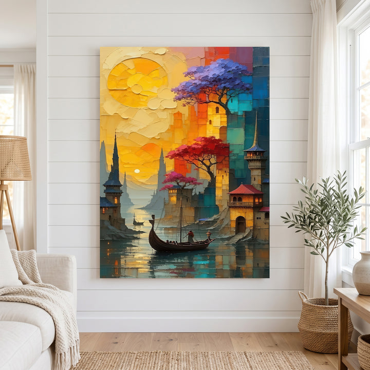 Golden City Voyage Canvas showing golden sky cityscape with boat on reflective water