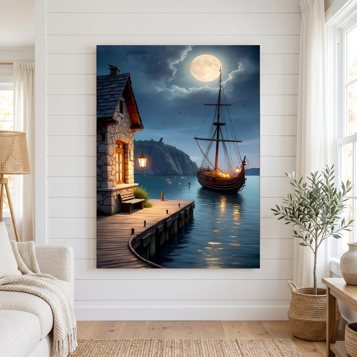 Moonlit Harbor Canvas showing a serene harbor with wooden pier, full moon, lantern lights, and sailing boat on calm water
