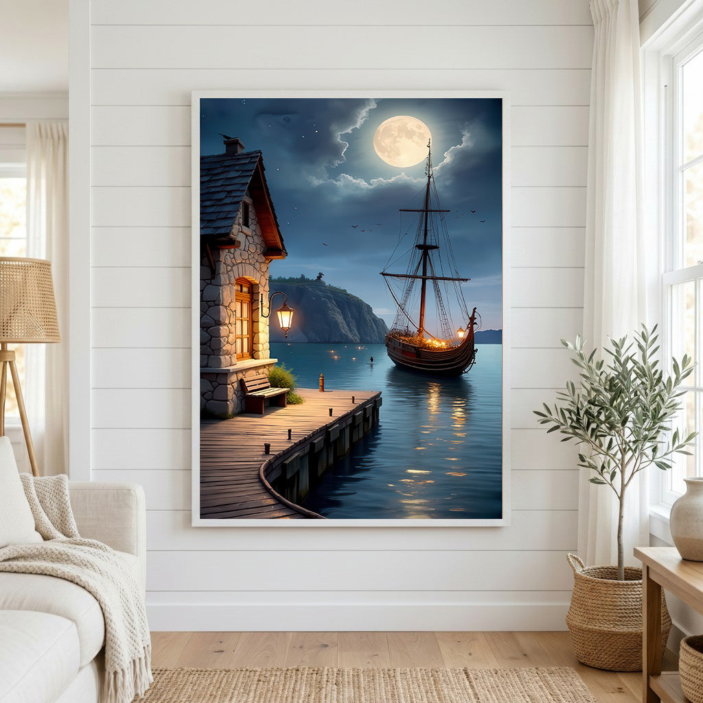 Framed artwork of a sailboat docked at a cabin on a moonlit night, hanging on a wall.