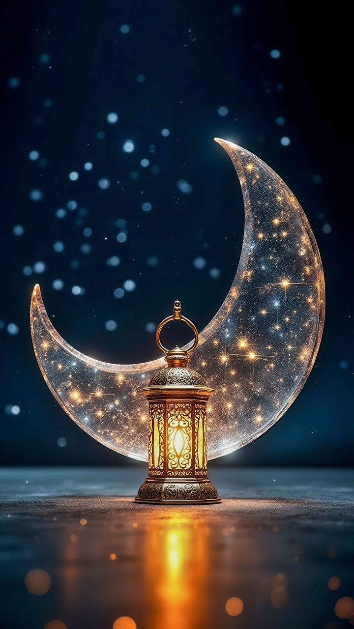 Luminous crescent moon embracing ornate lantern glowing with warm golden light on canvas artwork