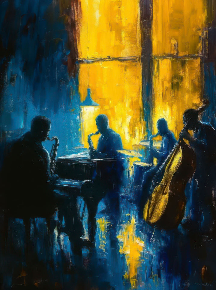Midnight Jazz Ensemble Canvas featuring jazz musicians under warm golden light with deep blue tones and expressive brushstrokes