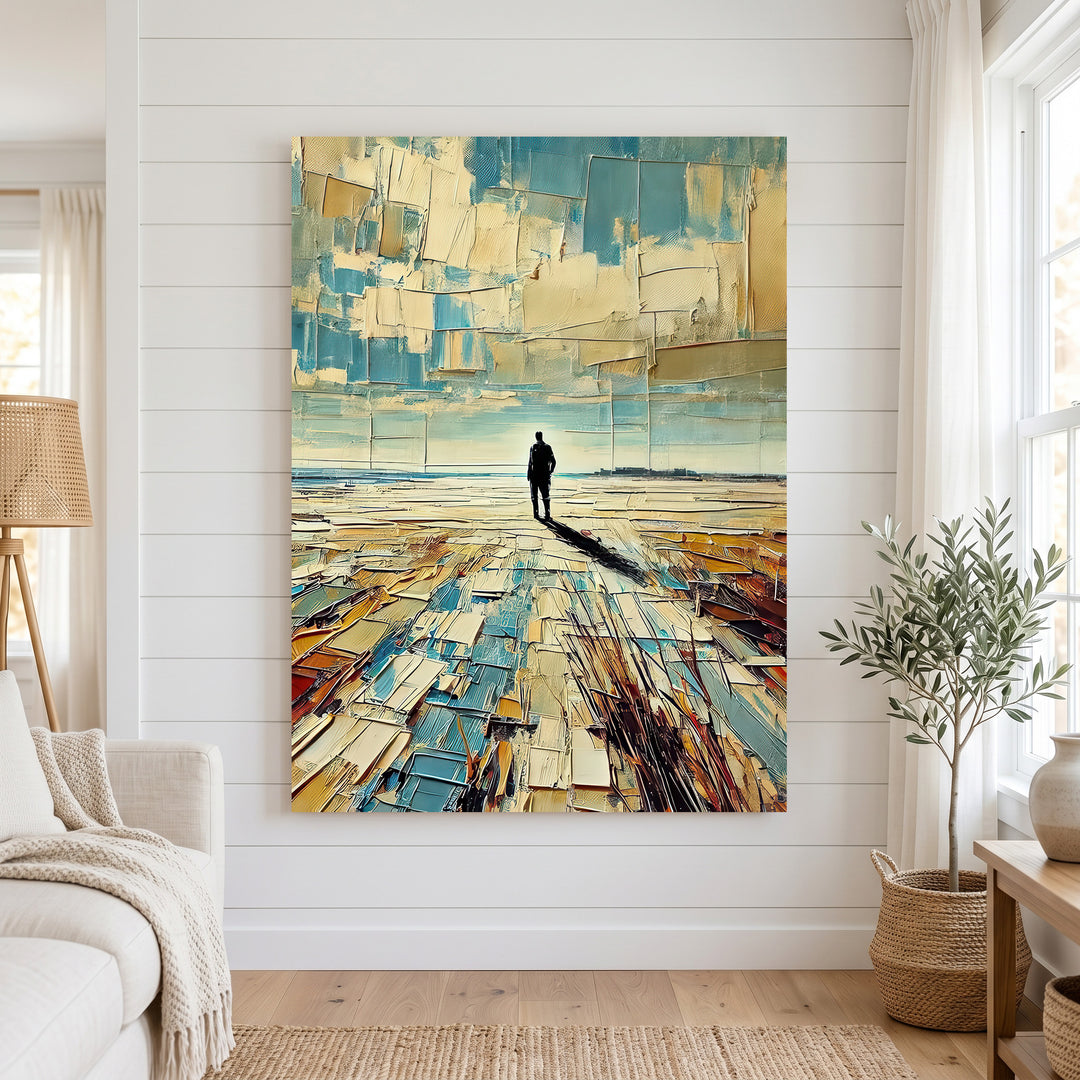 Endless Horizon Canvas abstract artwork of solitary figure on textured landscape with earthy blues and golden tones