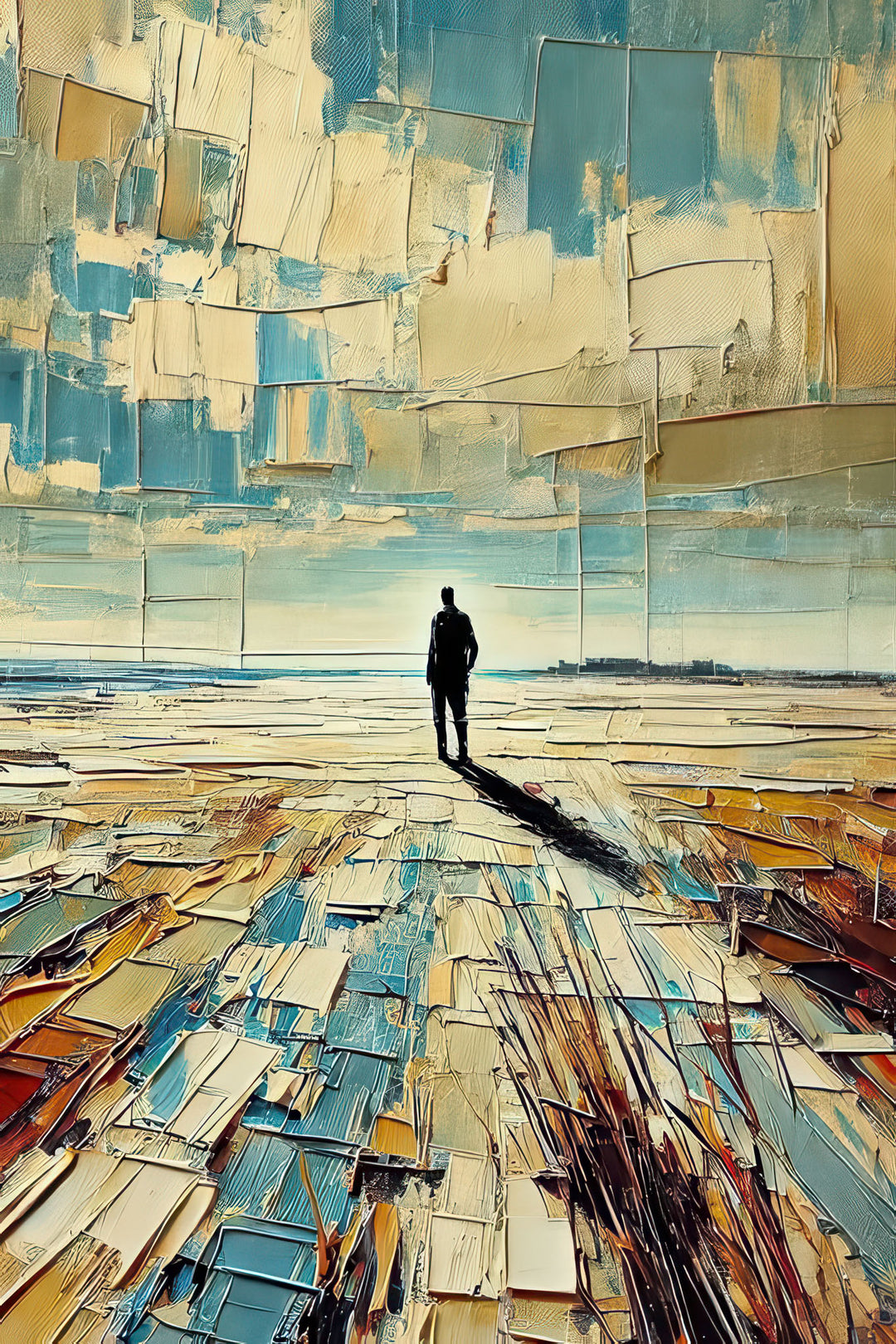Endless Horizon Canvas abstract artwork of solitary figure on textured landscape with earthy blues and golden tones