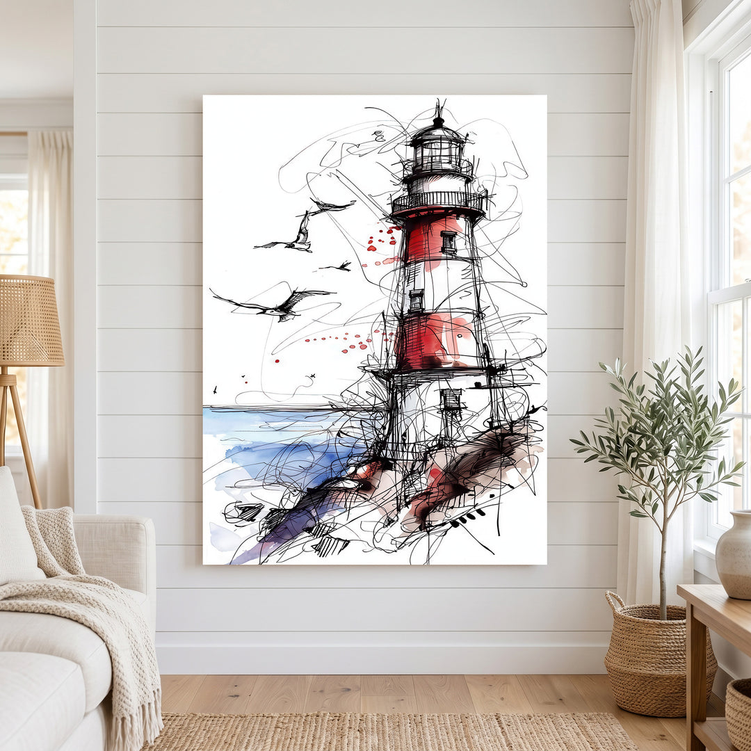 Sketch lighthouse canvas artwork with red and white lighthouse in ink and watercolor on MDF frame
