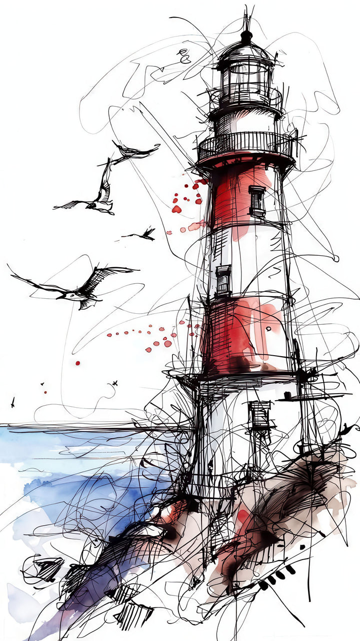 Sketch lighthouse canvas artwork with red and white lighthouse in ink and watercolor on MDF frame
