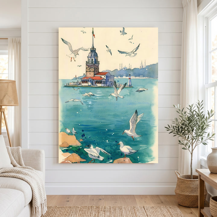 Seagulls flying around a historic lighthouse on a serene coastal watercolor canvas with MDF frame and glass front panel