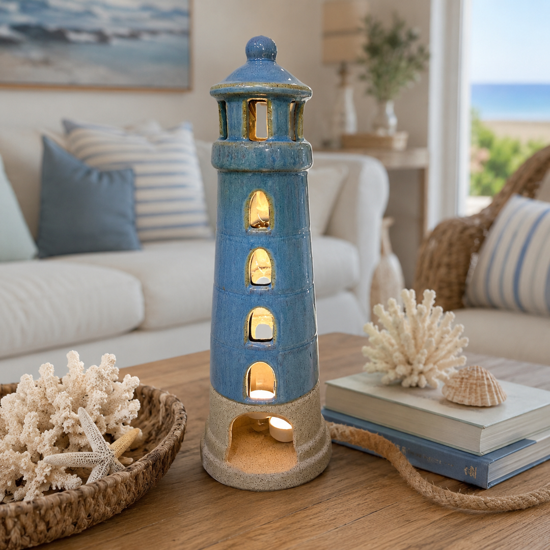 Coastal Blue Ceramic Lighthouse Tealight Holder