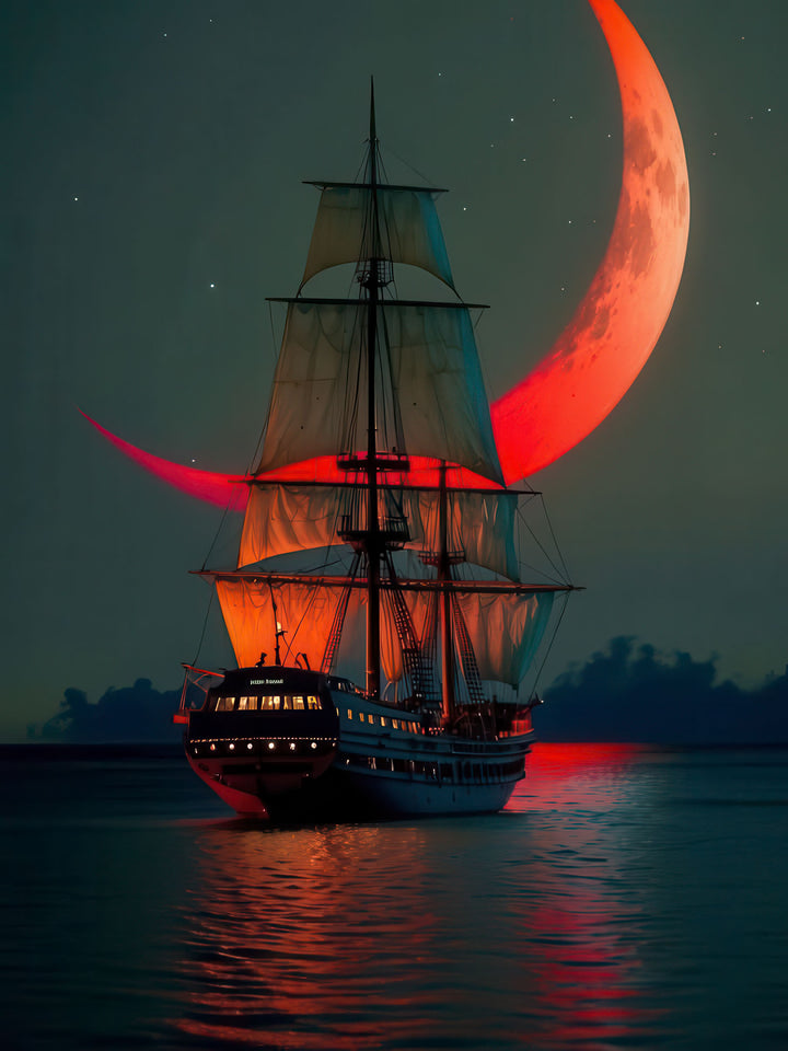 Sailing ship under crimson crescent moon on canvas wall art
