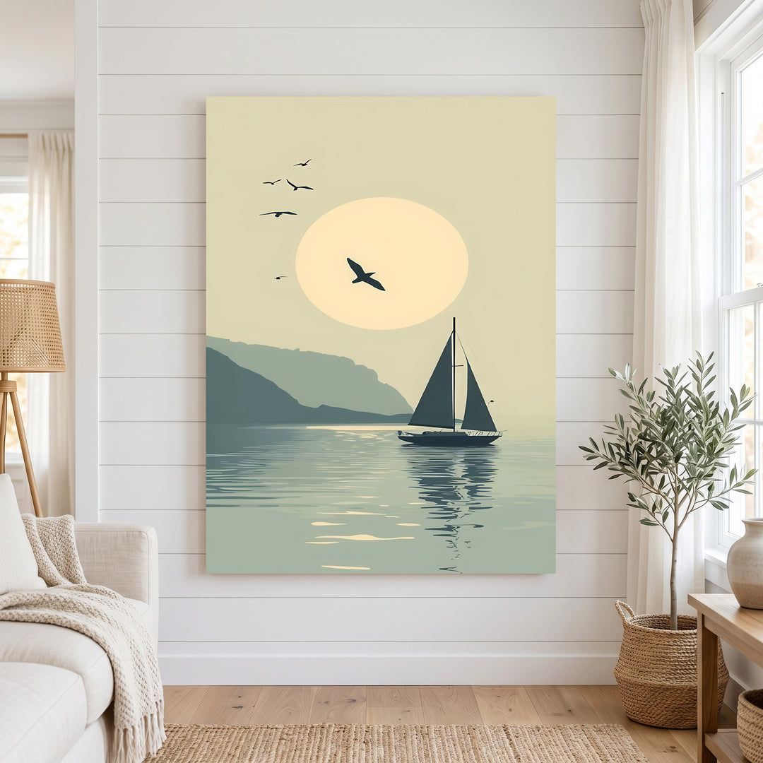 Silent Horizon Sail Canvas depicting a minimalist sailboat on calm waters with glowing sun and mountains