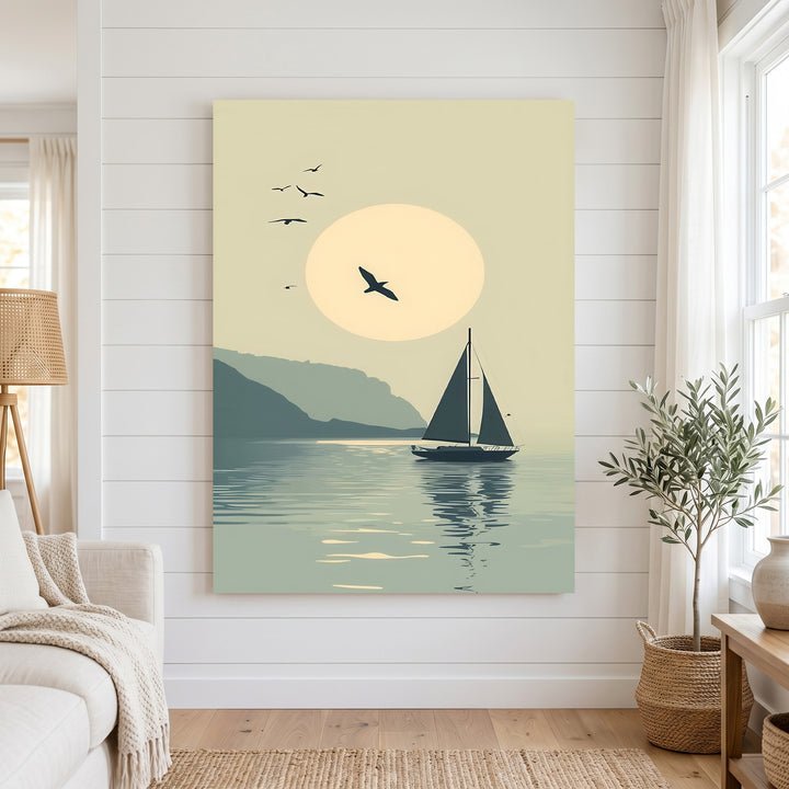 Silent Horizon Sail Canvas depicting a minimalist sailboat on calm waters with glowing sun and mountains