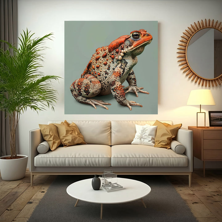 Artistic frog portrait canvas with rich textures on soft green background in MDF frame
