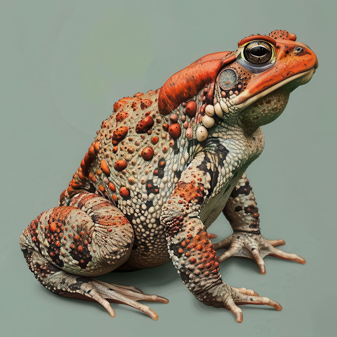 Artistic frog portrait canvas with rich textures on soft green background in MDF frame